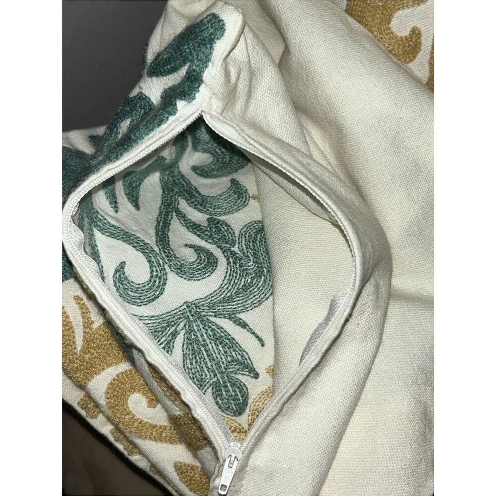 GREEN GOLD OFF WHITE Damask Embroidered Cotton Canvas Pillow Covers Zipper (4)